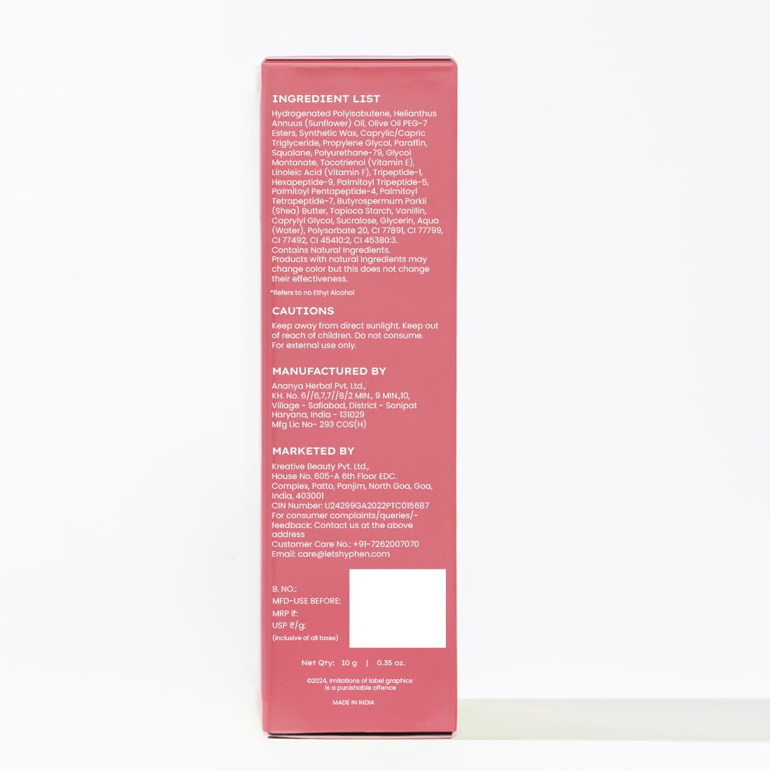 Back of a pink product box with text on a white background