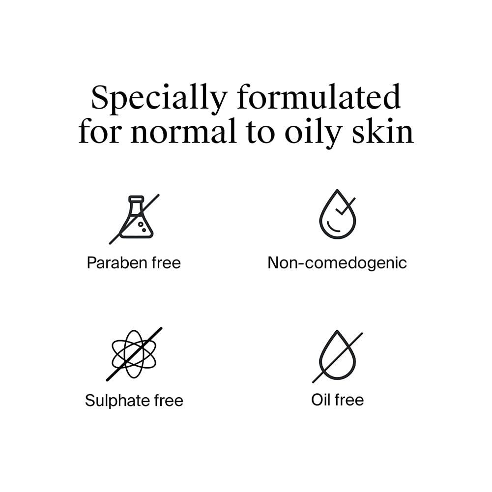 Product formulation details for normal to oily skin on a white background