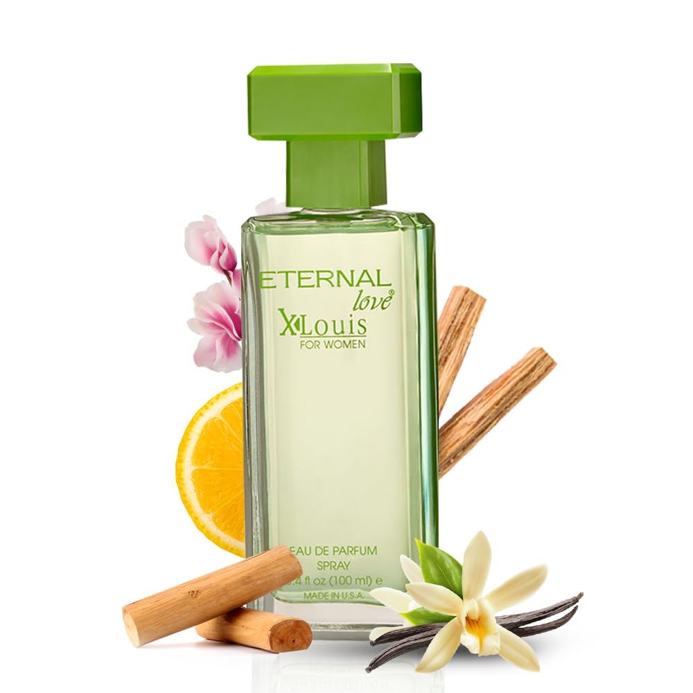 Perfume bottle labeled 'Eternal Love X Louise' with floral and vanilla elements on a white background