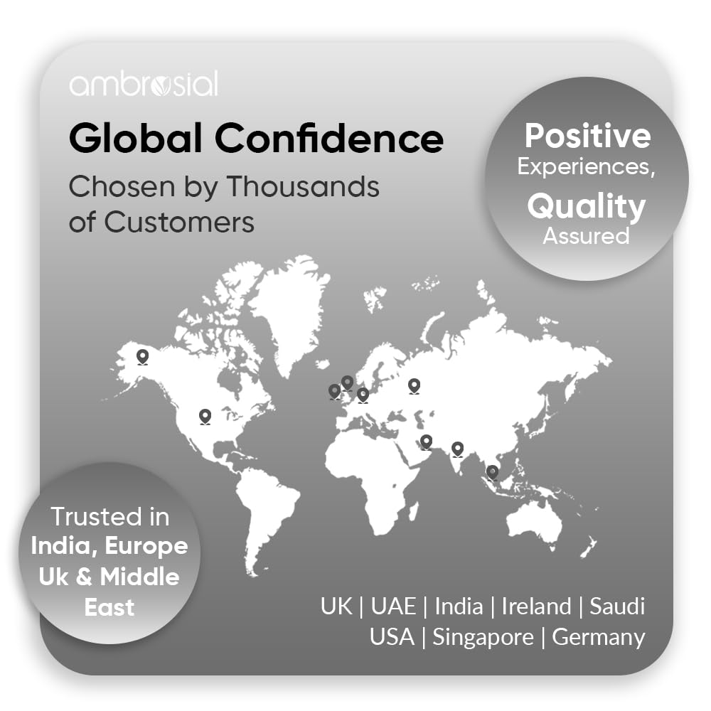 World map withpinpoints and text about global confidence and customer trust, branded with Ambrosial.