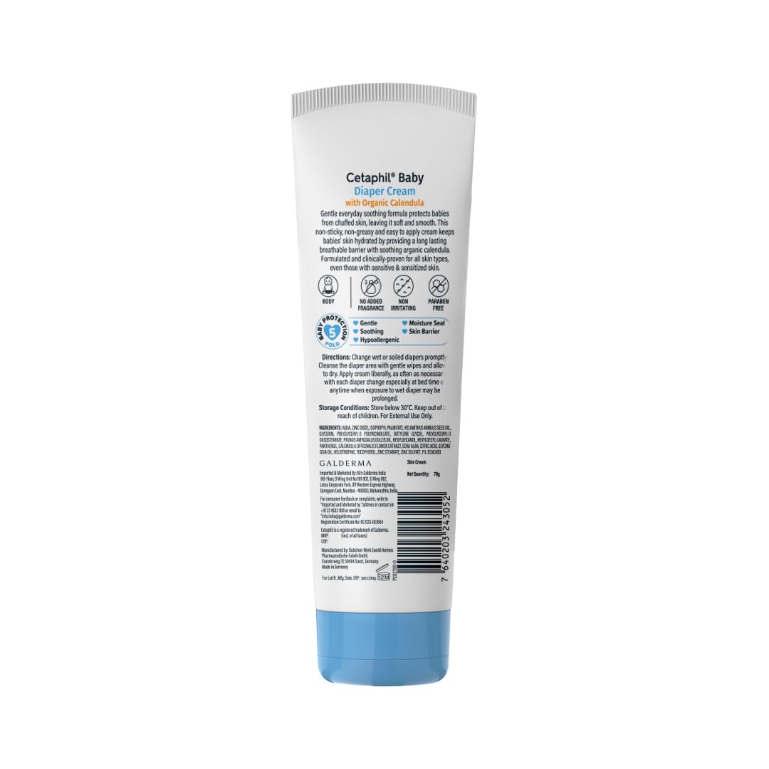 Cetaphil Baby Diaper Rash Cream with Organic Calendula 70 g | Soothes, Repairs & Protects from First Use | Zinc Oxide Barrier, Chamomile & Shea Butter | For Sensitive Baby Skin