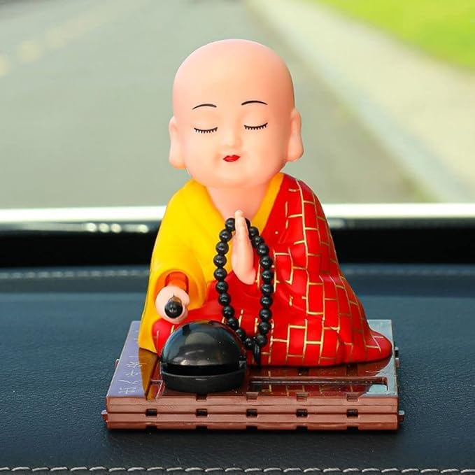 Medium Solar Powered Sitting Buddha Statue - Shaking Head Buddha Monk Statue for Car Dashboard, Home & Office Health Wealth & Prosperity, Peaceful Meditation Ornament (1Pc-Red)