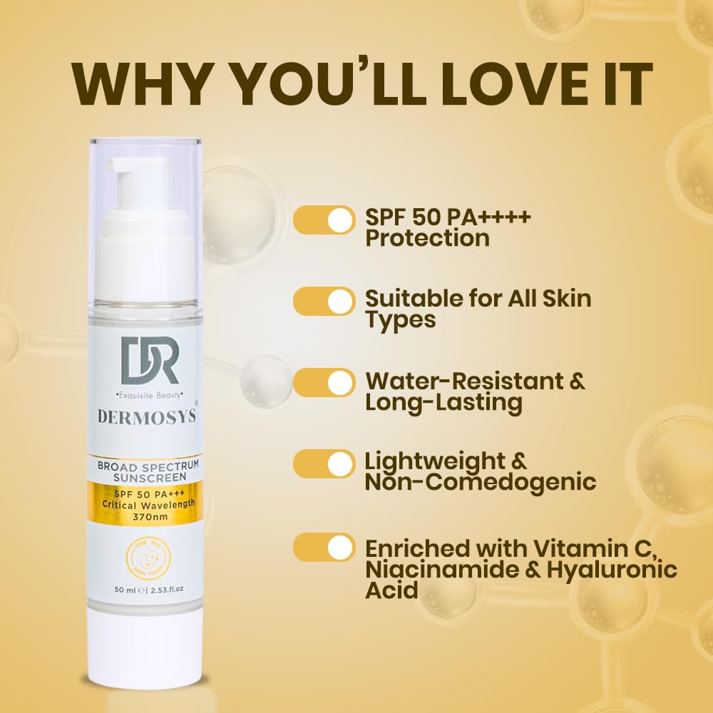 Dermosys Sunscreen SPF 50 PA+++ | 50ml Organic & Non Comedogenic SunscreenSPF50 | UVA, UVB & Blue Light Protection | With Hyaluronic Acid & Vitamin C | No White Cast | For All Skin Types