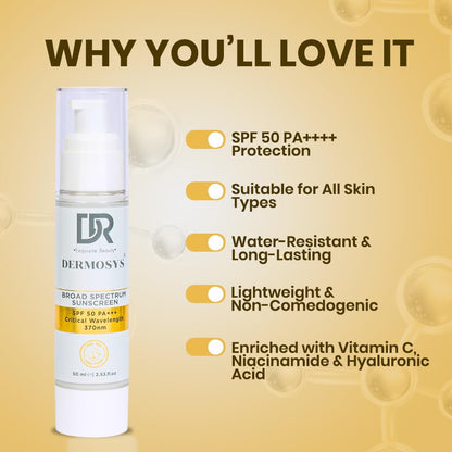 Dermosys Sunscreen SPF 50 PA+++ | 50ml Organic & Non Comedogenic SunscreenSPF50 | UVA, UVB & Blue Light Protection | With Hyaluronic Acid & Vitamin C | No White Cast | For All Skin Types