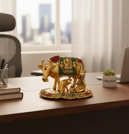 KridayKraft Kamdhenu Cow,Calf with Bal Gopal Krishna Metal Statue for Good Luck,Feng Shui As Table Top Figurine,Vastu,Religious Gau MATA Idol Home,Office&Table Decorative,Animal.