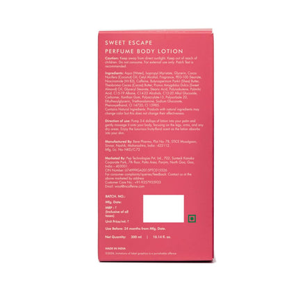 Back of a pink perfume body lotion packaging with text on a white background