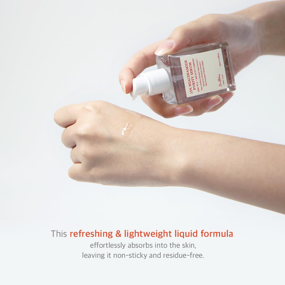 Hand applying a refreshing and lightweight liquid formula to another hand with a clear background.