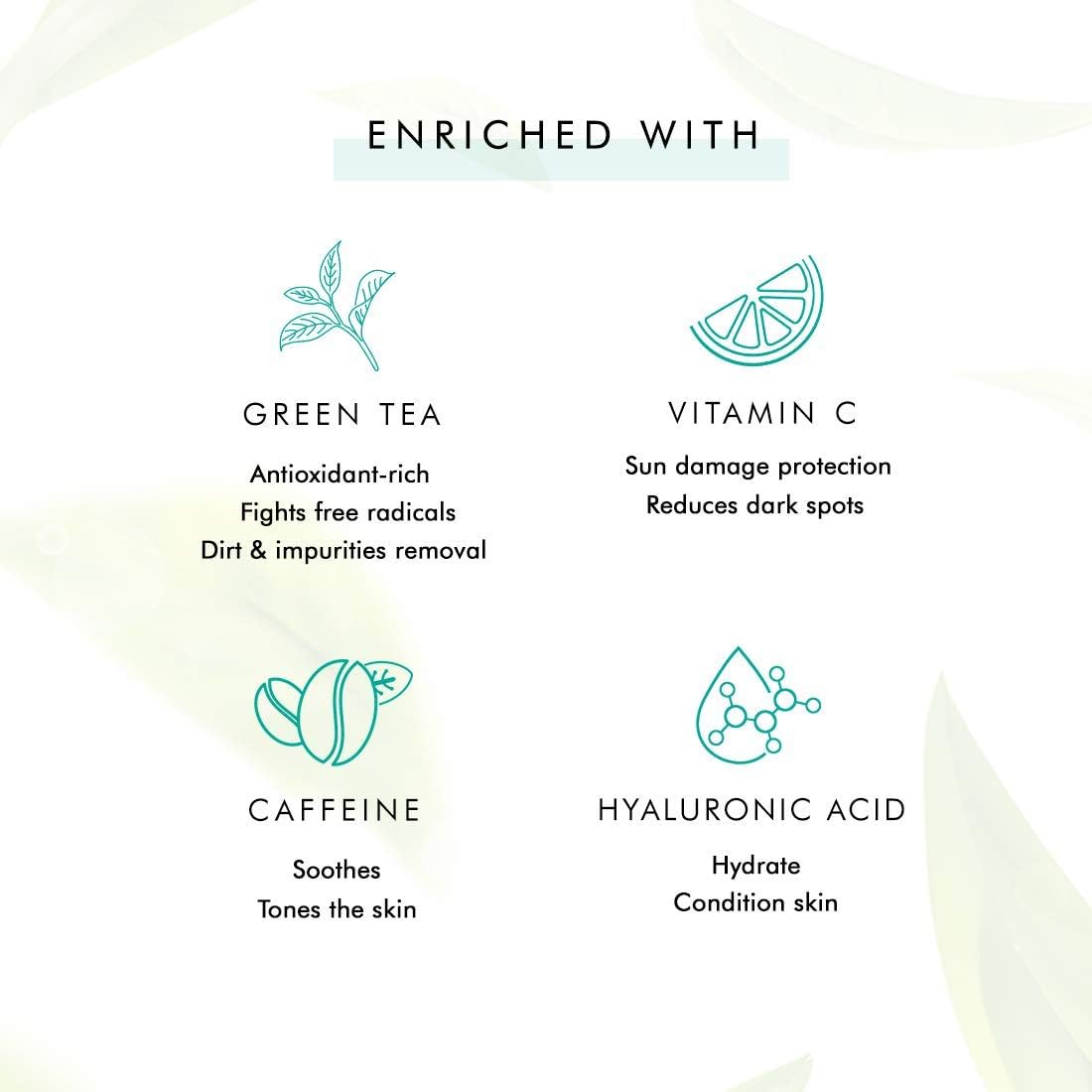 List of ingredients enriched in skincare product with icons and descriptions.