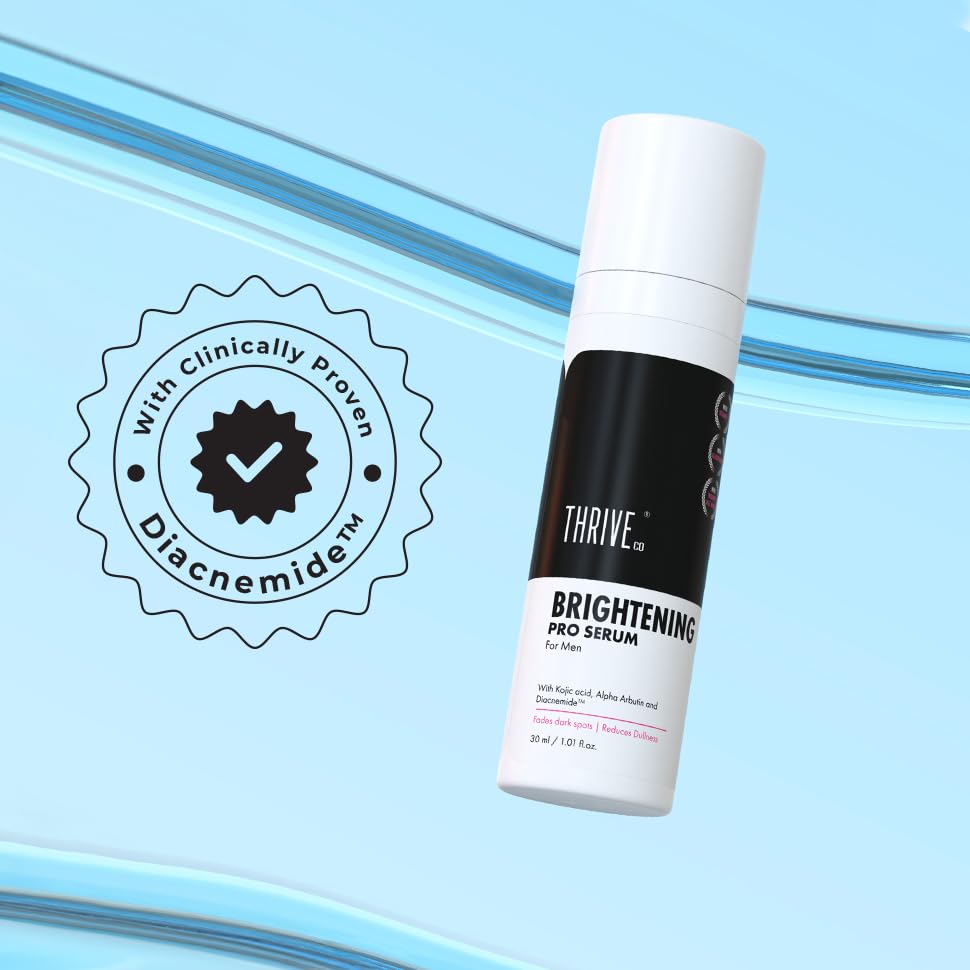 Thrive brightening pro serum bottle with Diacnemidé logo on a blue gradient background