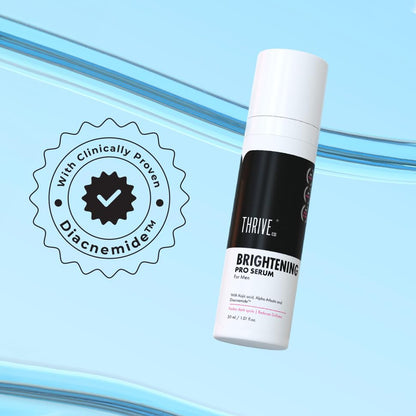 Thrive brightening pro serum bottle with Diacnemidé logo on a blue gradient background