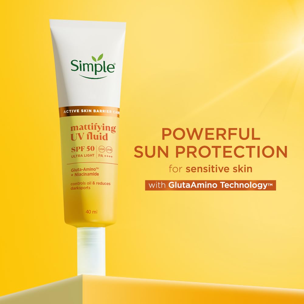 Simple brand UV fluid tube with sun protection text on a yellow background
