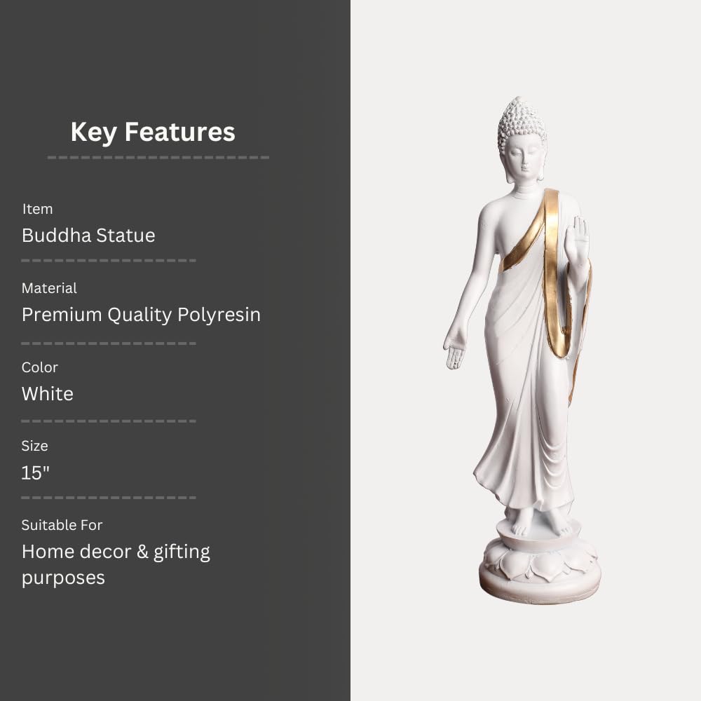 White & Gold Plated Blessing Standing Gautam Buddha Idol Statue | Polyresin Showpiece for Table, Office, Home Decoration Item