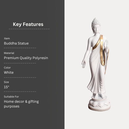 White & Gold Plated Blessing Standing Gautam Buddha Idol Statue | Polyresin Showpiece for Table, Office, Home Decoration Item