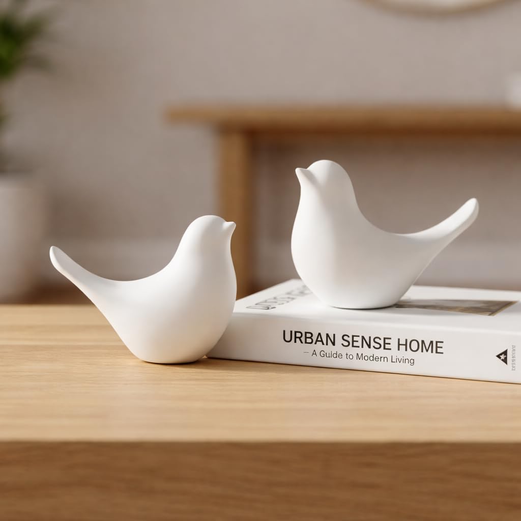 Ceramic Bird Figurines Set of 2 (3.5 Inch) | Decorative Bird Showpiece for Home Decor | Tabletop Bird Statue for Living Room, Bedroom, Office, Shelf & Bookshelf | Snowy Symphony, White