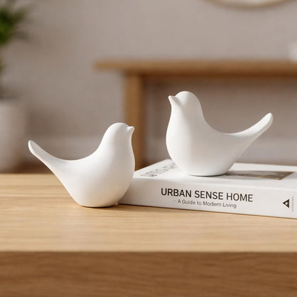 Ceramic Bird Figurines Set of 2 (3.5 Inch) | Decorative Bird Showpiece for Home Decor | Tabletop Bird Statue for Living Room, Bedroom, Office, Shelf & Bookshelf | Snowy Symphony, White