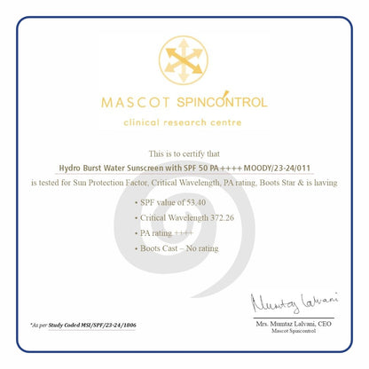 Certificate from Mascot Spincontrol Clinical Research Centre for Hydro Burst Water Sunscreen with SPF 50 PA++++