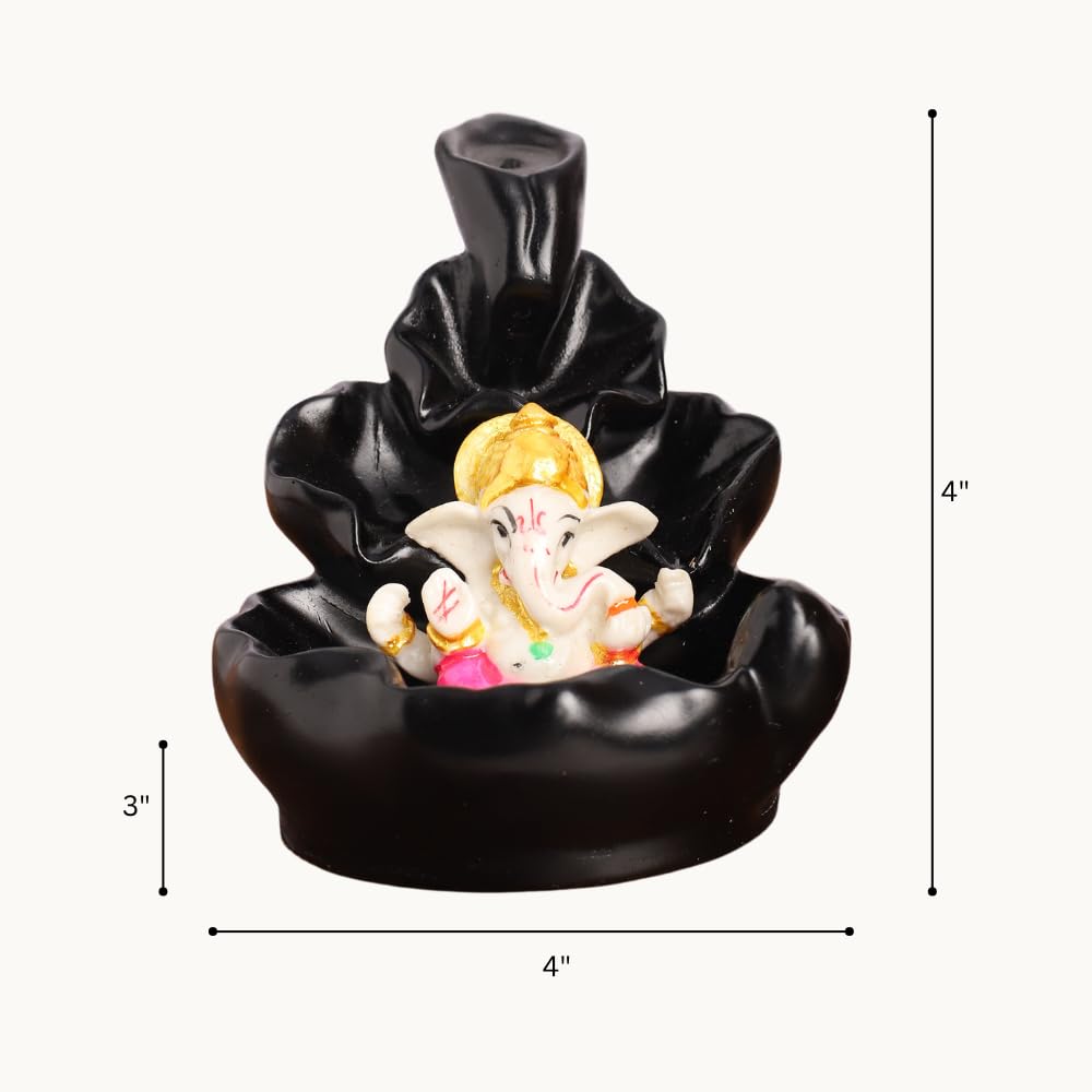 Black Ganesha Idol Waterfall Statue with 8 Incense Smoke Back Flow Fountain Cone Incense Holder | for Table, Living Room, Home Decorative Item
