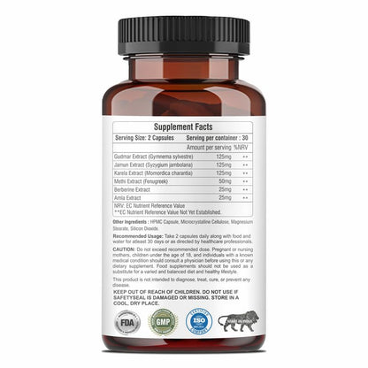 Supplement bottle with label showing supplement facts and certification logos on a white background