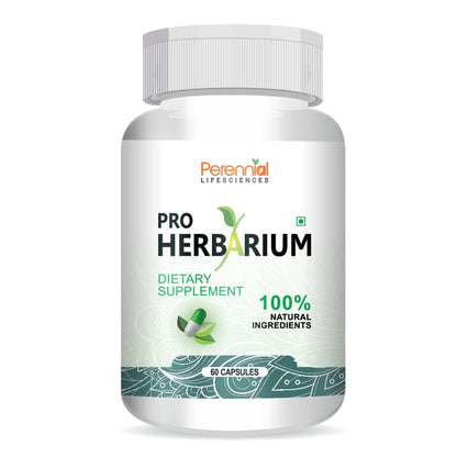 Pro Herbarium dietary supplement bottle with Perennial Lifesciences branding on a white background