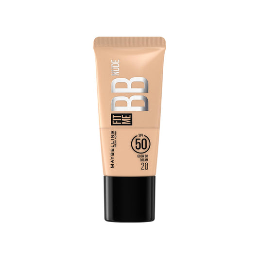 Maybelline, Fit Me, BB Cream, Glow BB Cream, SPF 50, Niacinamide, Hyaluronic Acid, Dewy Finish, Hydrating, Moisturizing, Normal Skin, Dry Skin, Face Makeup, Light Coverage, Shade 20, Adult, Tube Packaging, Glow Makeup, Daily Wear