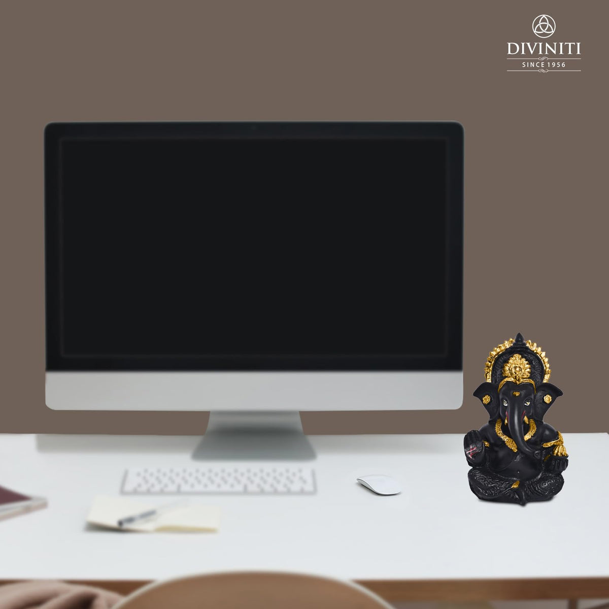 24K Gold Plated Resin Lord Ganesha Idol for Car Dashboard, Tabletop|Ganesh Statue for Good Luck and Success|Ganpati Murti for Home Decor Mandir, Office Desk Puja Gift Matte Black (8.4x4.2cm)