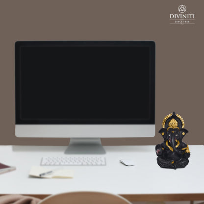24K Gold Plated Resin Lord Ganesha Idol for Car Dashboard, Tabletop|Ganesh Statue for Good Luck and Success|Ganpati Murti for Home Decor Mandir, Office Desk Puja Gift Matte Black (8.4x4.2cm)