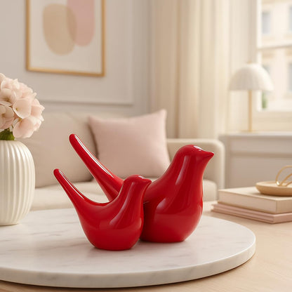 Creative Red Glossy Ceramic Birds Figurines Home Decorations Accessories Party (Pack of 2, RED)