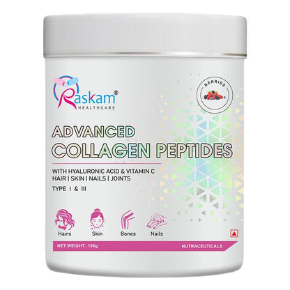 Container of Raskam Advanced Collagen Peptides on a white background