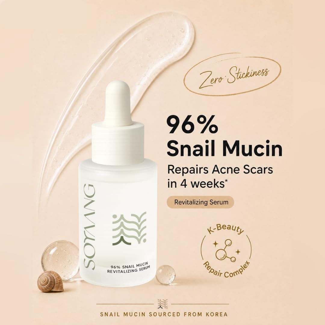 Soyaang 96% Snail Mucin Revitalizing Serum with Niacinamide & Aloe Vera | Repairs Acne Scars, Boosts Hydration & Firms Skin | Lightweight K-Beauty Formula | 30ml