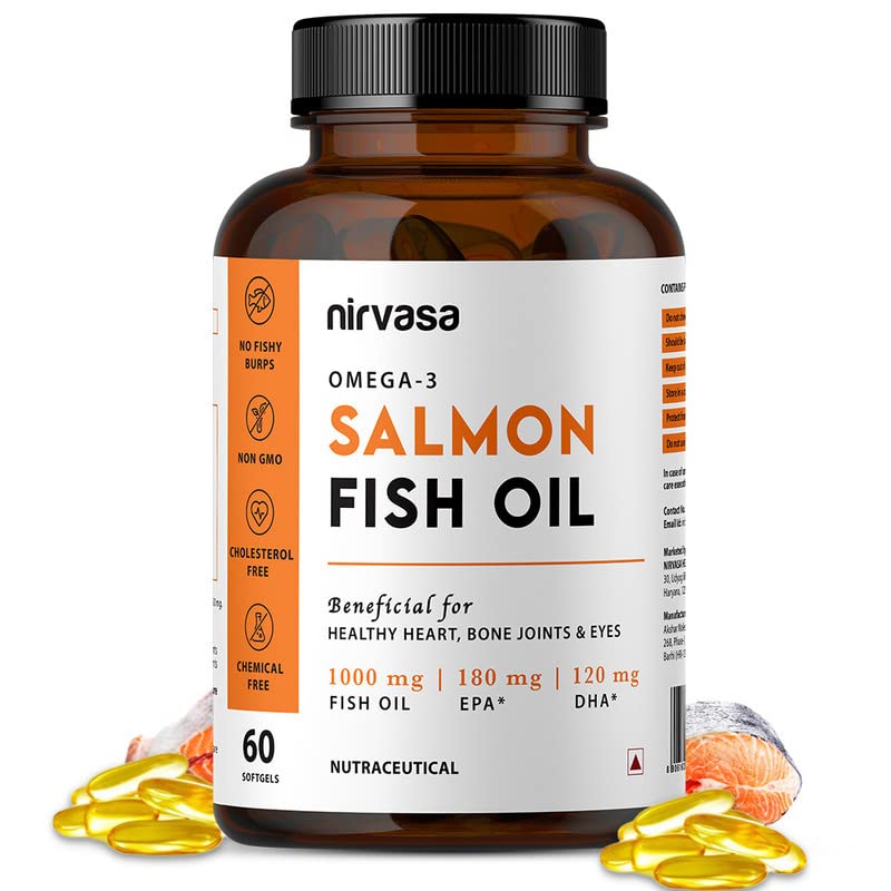 Nirvasa Omega-3 Salmon Fish Oil Capsules (1000mg, 60 Softgels) | High-Potency 180mg EPA & 120mg DHA | Supports Heart, Brain, Eye & Bone Health | No Fishy Burps | For Men & Women