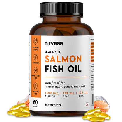 Nirvasa Omega-3 Salmon Fish Oil Capsules (1000mg, 60 Softgels) | High-Potency 180mg EPA & 120mg DHA | Supports Heart, Brain, Eye & Bone Health | No Fishy Burps | For Men & Women