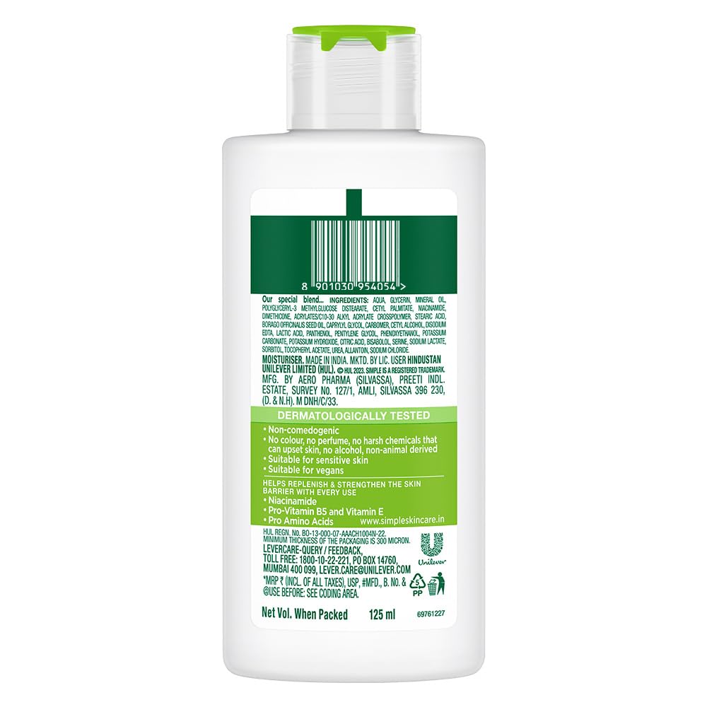 Simple Hydrating Light Moisturiser, 125ml | 12HR Hydration | With Niacinamide, Pro-Vitamin B5, Strengthens Skin Barrier| Lightweight, Non-Greasy Moisturizer | For Soft, Smooth Skin