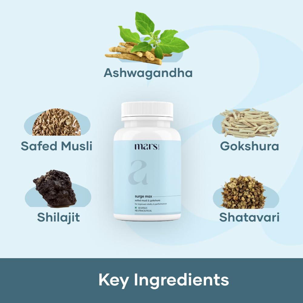 Mars Natural Surgemax Caps : Powered with Shilajit and Safed Musli | Natural Energy Booster | Strength,Stamina,Immunity, 60 Capsule