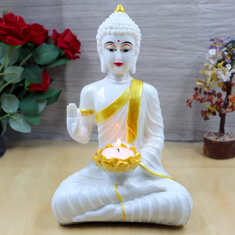 White Gold Buddha Sitting with TeaLight in Hand Polyresin Idol - Perfect for Living Room, Bedroom & Office Space Home Decor Wall Decoration Ideal Gifting (White Light Buddha)