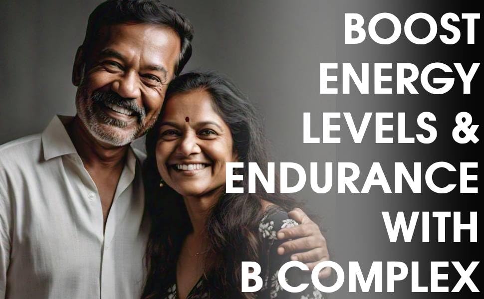 Man and woman smiling together with text about B complex vitamins on a dark background
