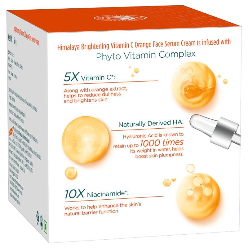 Box of Himalaya Brightening Vitamin C Orange Face Serum Cream with text and images of serum dropper and cream.