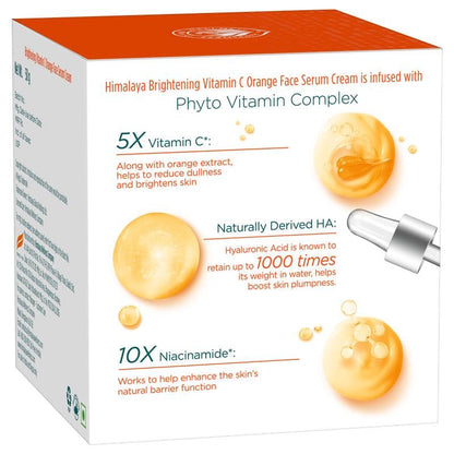 Box of Himalaya Brightening Vitamin C Orange Face Serum Cream with text and images of serum dropper and cream.
