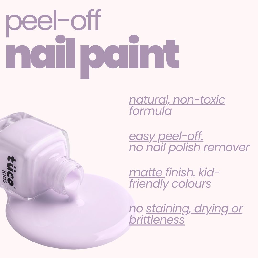 Tuco Kids peel-off nail paint bottle with product features on a white background