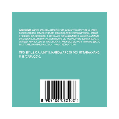 Back of a product packaging with ingredients list and barcode on a teal background