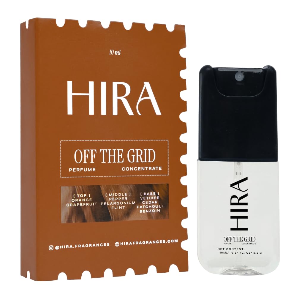 HIRA perfume concentrate packaging and bottle on a white background
