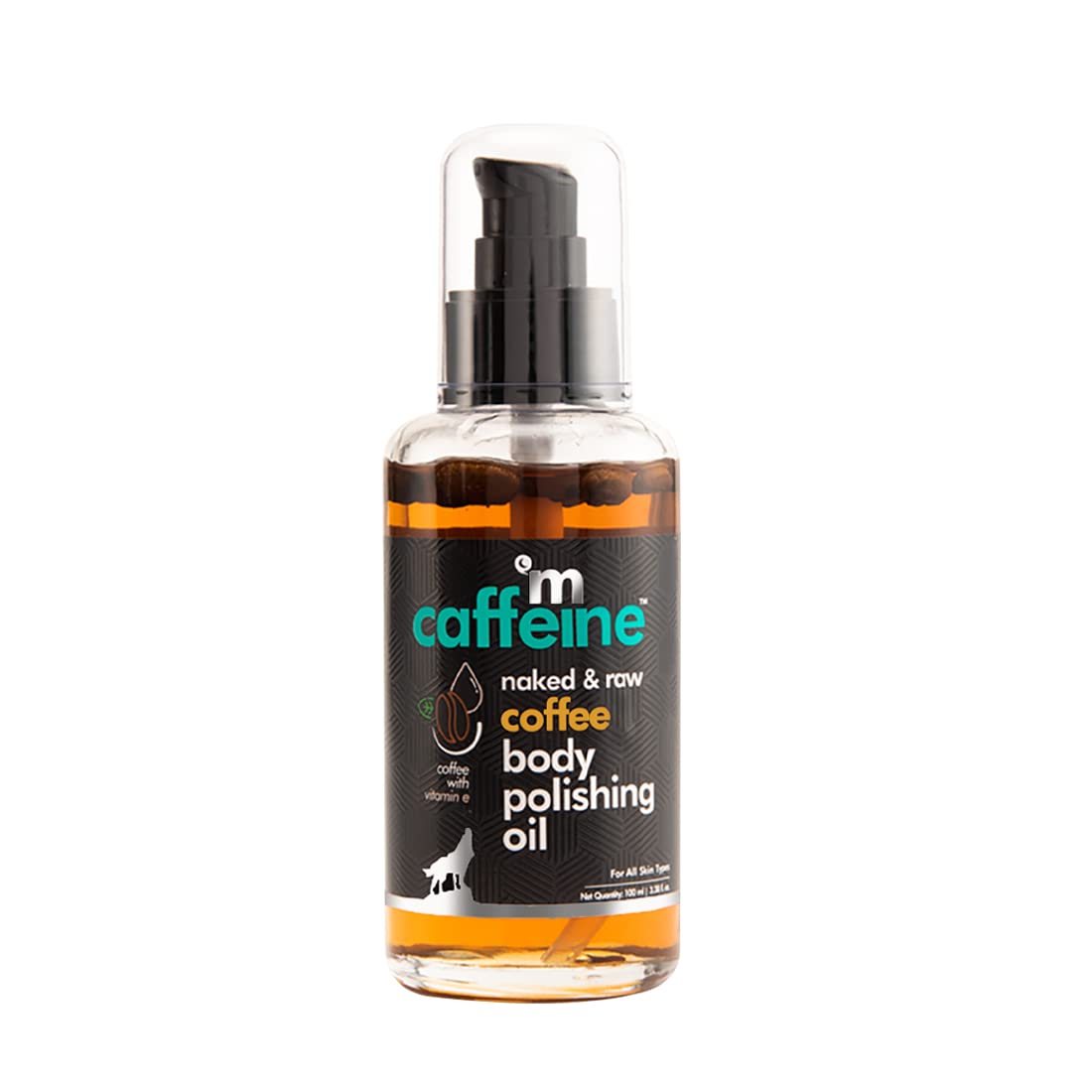 Bottle of coffee body polishing oil with a black label on a white background