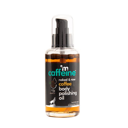 Bottle of coffee body polishing oil with a black label on a white background