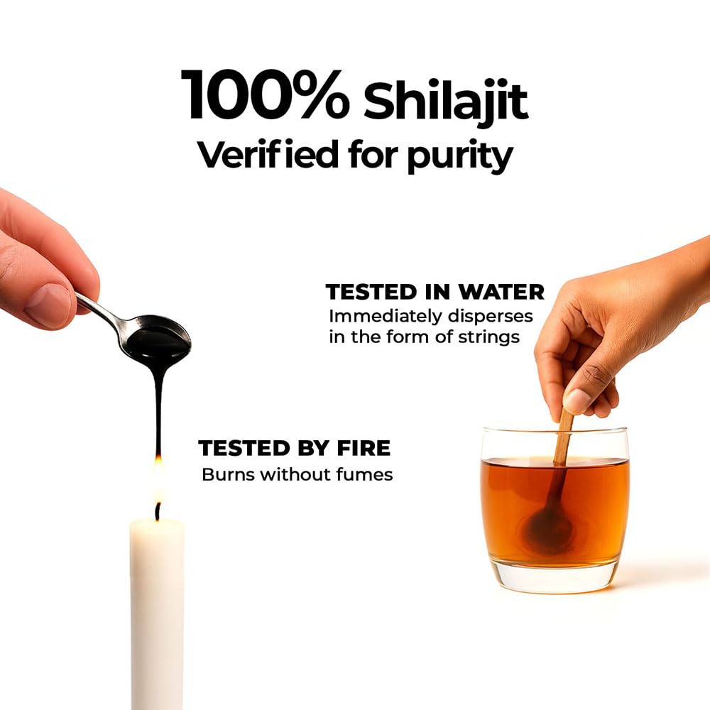 Shilajit being tested in water and by fire with text on purity verification.