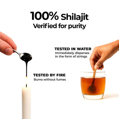 Shilajit being tested in water and by fire with text on purity verification.