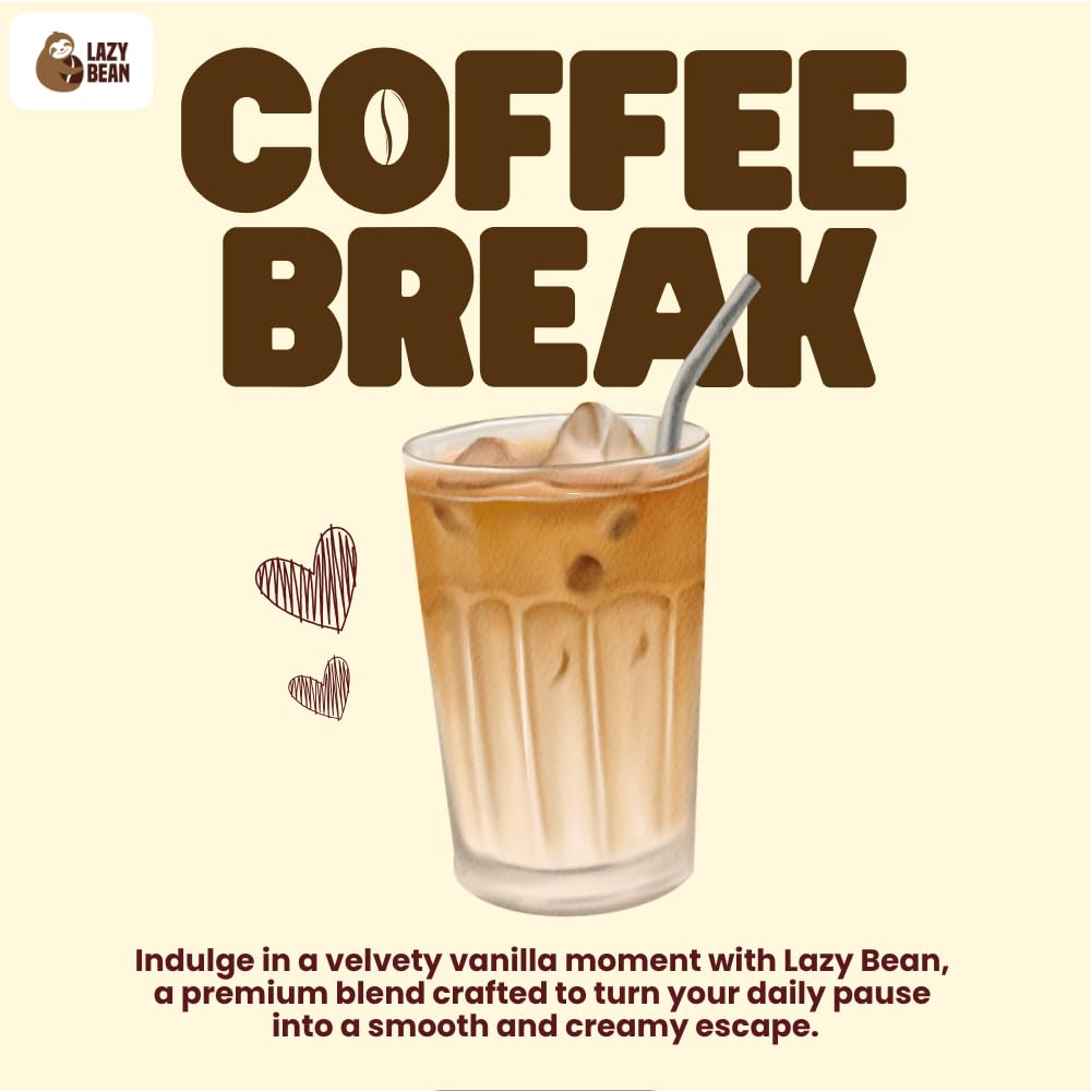 Lazy Bean Vanilla Flavoured - Premium Instant Coffee Powder 50 g | Strong Black Coffee, Rich Aroma, Quick-Dissolving Granules | Ready in Seconds for Hot or Iced Brews at Home, Office, Travel