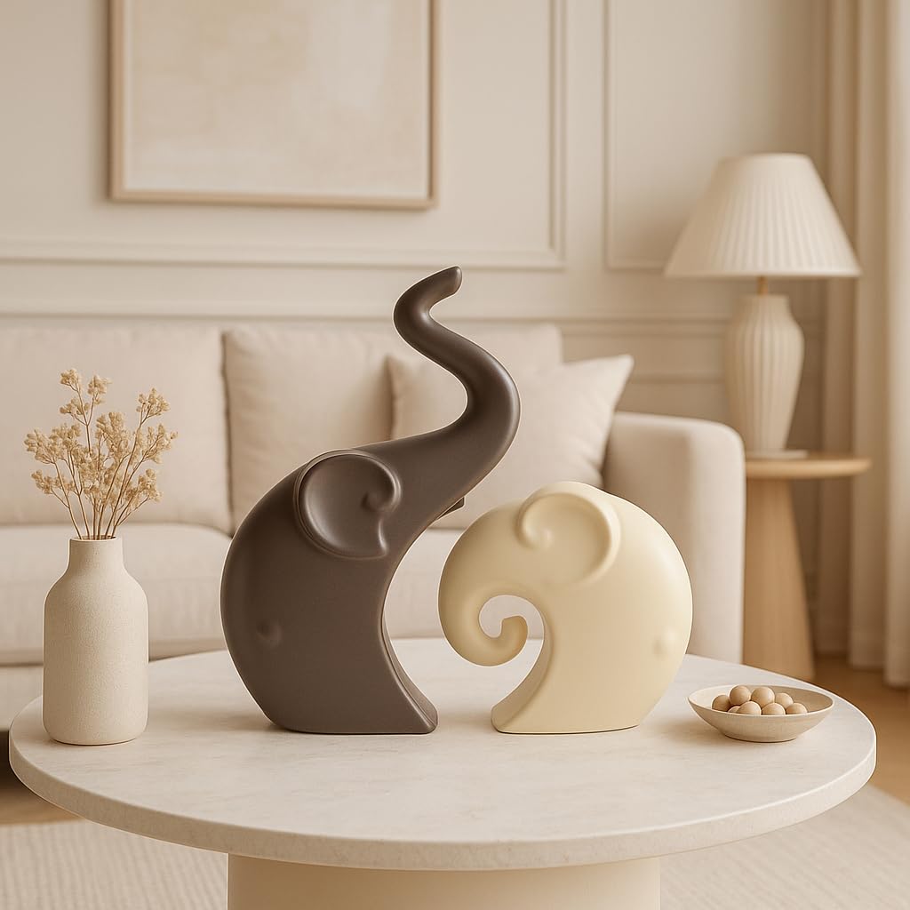 Lavish  Matte Home Décor Elephant Set | Ceramic Figurines - (Set of 2 piece, Brown Cream)