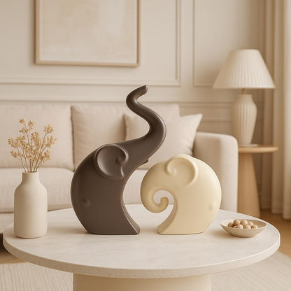 Lavish  Matte Home Décor Elephant Set | Ceramic Figurines - (Set of 2 piece, Brown Cream)