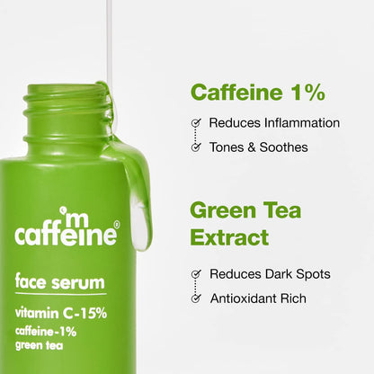 Green face serum bottle with text highlighting caffeine, green tea extract, and vitamin C content on a white background.
