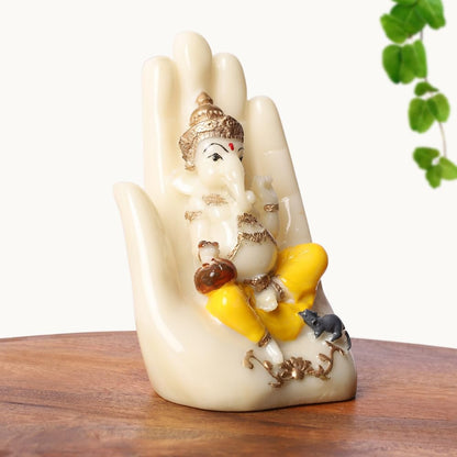 Blessing Ganesha Idol Sitting Hand Statue | Polyresin Statue in Ivory & Yellow Finish | for Table, Home, Office, Living Room Decoration Item