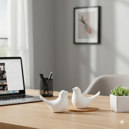Ceramic Bird Figurines Set of 2 (3.5 Inch) | Decorative Bird Showpiece for Home Decor | Tabletop Bird Statue for Living Room, Bedroom, Office, Shelf & Bookshelf | Snowy Symphony, White
